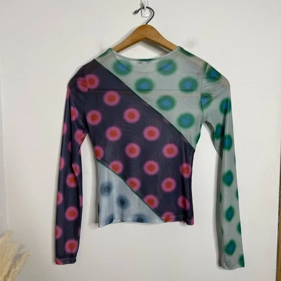 MIAOU Polka Dot PatchworkLong Sleeve Mesh Sheer T-shirt Sz S Y2K Bratz 2000’s - Picture 3 of 14